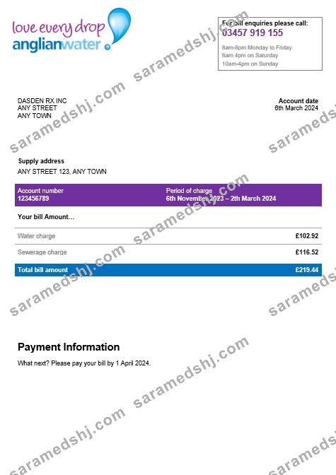 USA Anglian water business utility bill Word and PDF template